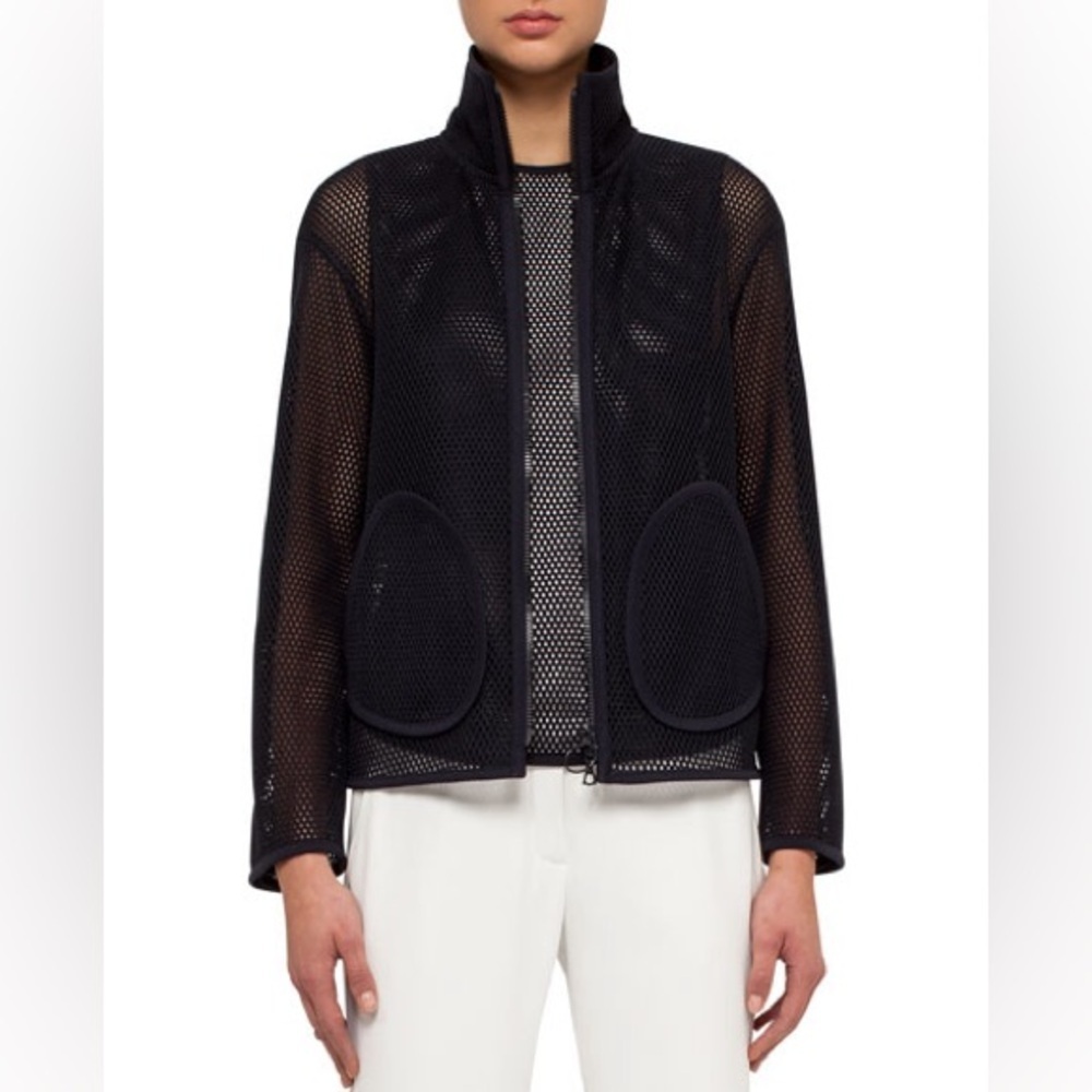 Akris Cashmere Blend Zip-Front Mesh Jacket, Navy